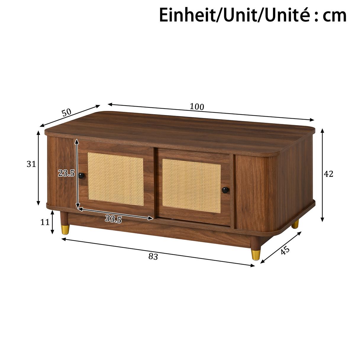 COUCHTISCH nussbaum-optik & rattan schiebetüren & abgerundete ecken - Walnussfarben, Holzwerkstoff (50/100/42cm) - Urban Meuble