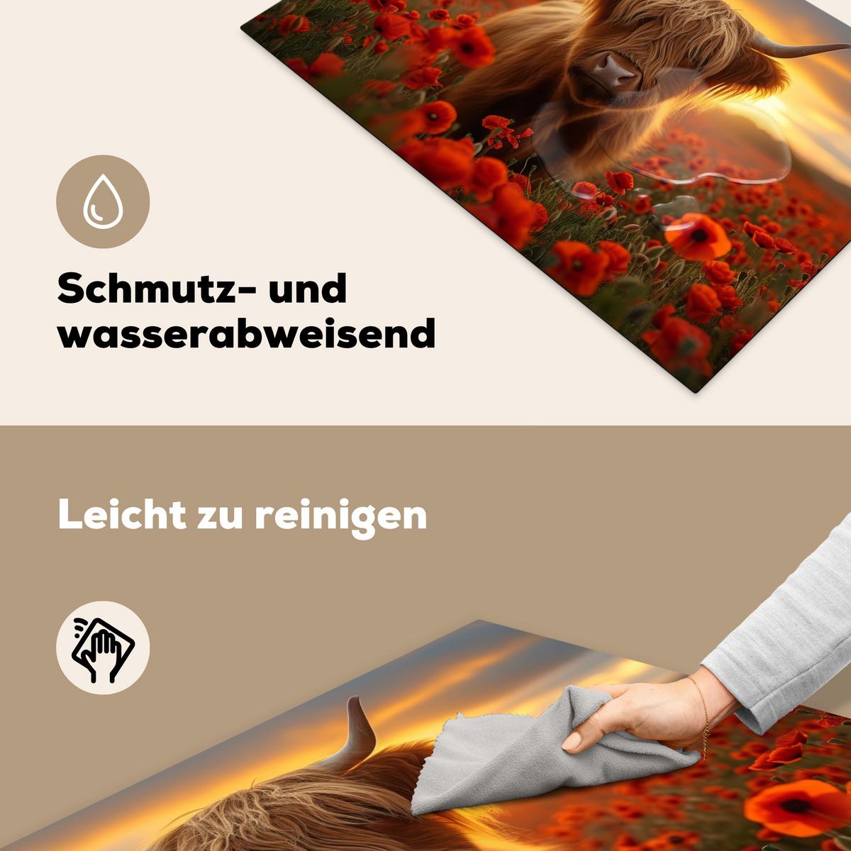 HERDABDECKPLATTE Schottische Highlander - Rosen - Blumenfeld - Sonnenuntergang Induktionsschutz 81.6x52.7 cm - Rotbraun, Kunststoff (81.6/52.7/0.2cm) - MuchoWow