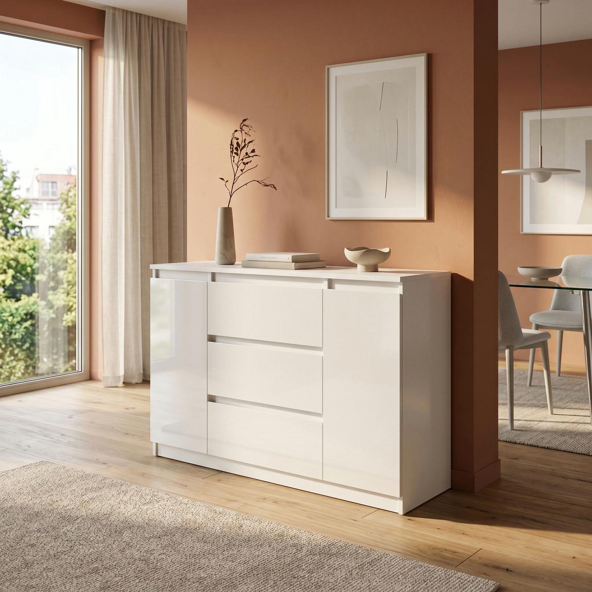 KOMMODE NUDO 120/78,5/39cm mit 3 Schubladen 2 Türen Weiß - Weiß Hochglanz/Weiß, Holzwerkstoff (120/78.5/39cm) - MASSENO
