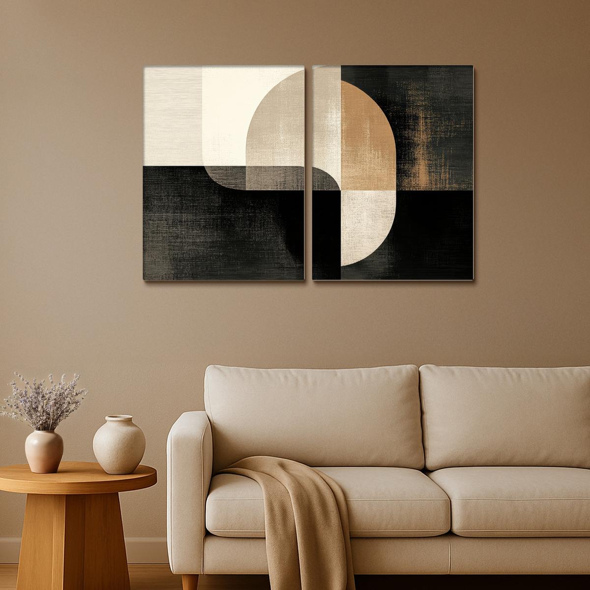 LEINWANDBILD 2er Set Formen - Abstrakt - Gold 100x70 cm - Schwarz, Textil (100/70cm) - MuchoWow