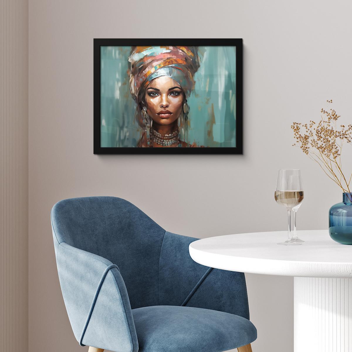 POSTER MIT RAHMENGERAHMTES BILD Frau - Kunst - Schmuck - Porträt 40x30 cm - Blaugrau, Papier (40/30cm) - MuchoWow