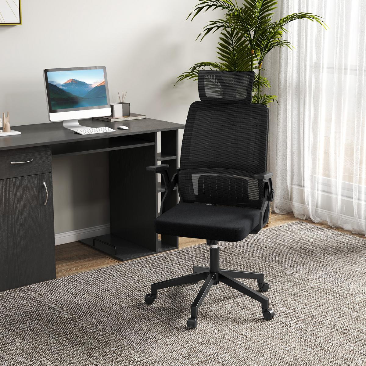 BÜROSTUHL Ergonomisch, Schreibtischstuhl mit Verstellbar Kopfstütze Mesh Schwarz - Schwarz, Textil (61/121.5/60cm) - Vinsetto