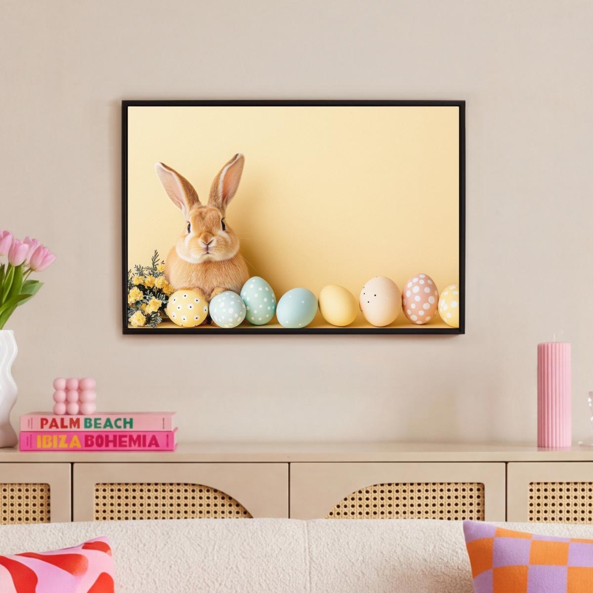 LEINWAND Bilder mit Rahmen - Eier - Kaninchen - Pastellfarbtöne - 60x40 - Hellgelb, Textil (60/40cm) - MuchoWow