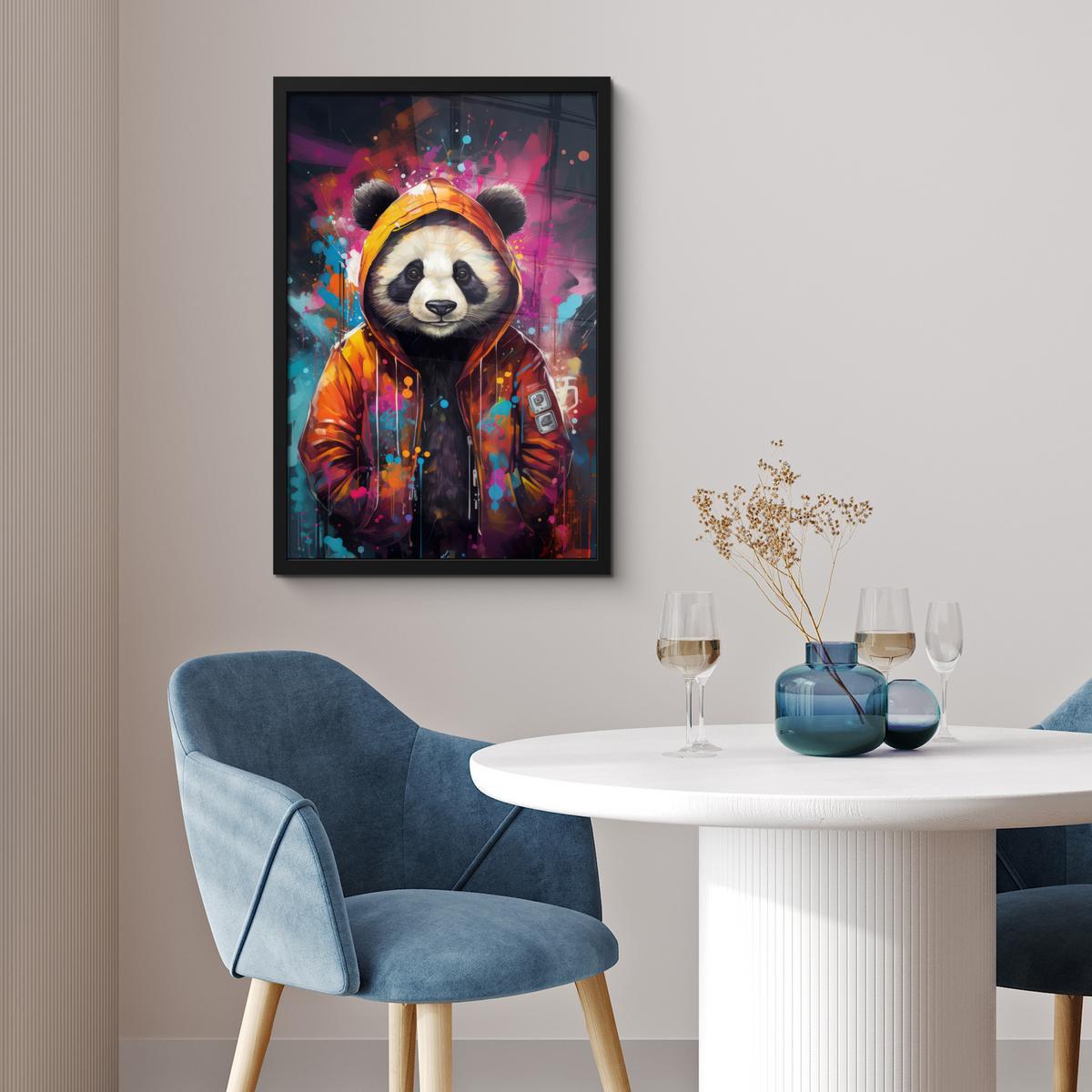 POSTER MIT RAHMEN Panda - Jacke - Graffiti - Orange Bilder mit Rahmen 40x60 cm - Orange, Papier (40/60cm) - MuchoWow