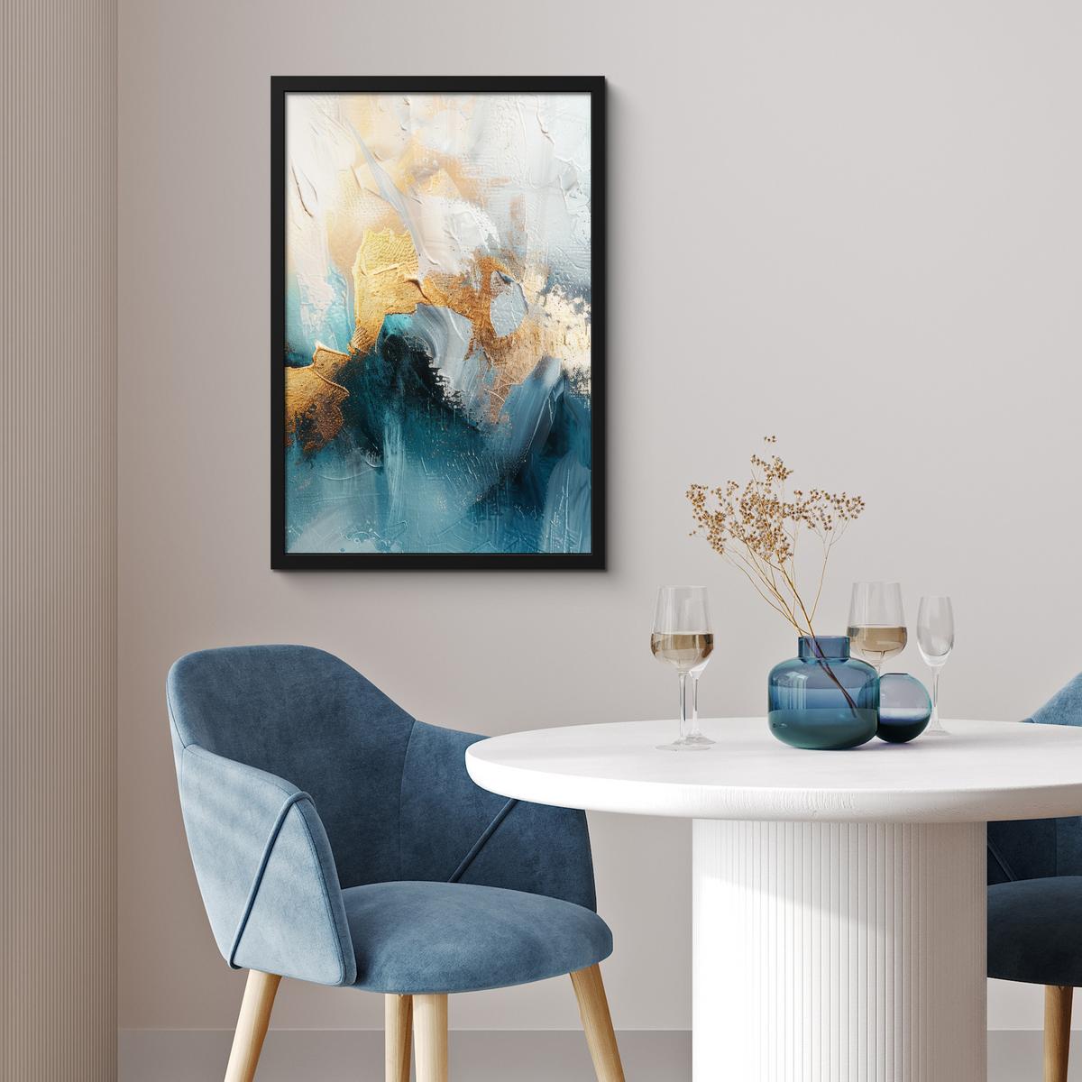 POSTER MIT RAHMEN Abstrakt - Kunst - Gold - Blau Bilder mit Rahmen 40x60 cm - Petrol, Papier (40/60cm) - MuchoWow