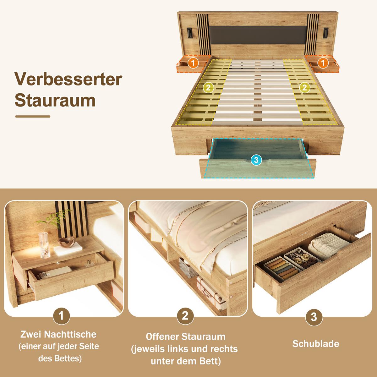 BETT in naturfarbe mit pu-kopfteil, mit stauraum und leselampen - Naturfarben, Holzwerkstoff (180/200cm) - Urban Meuble