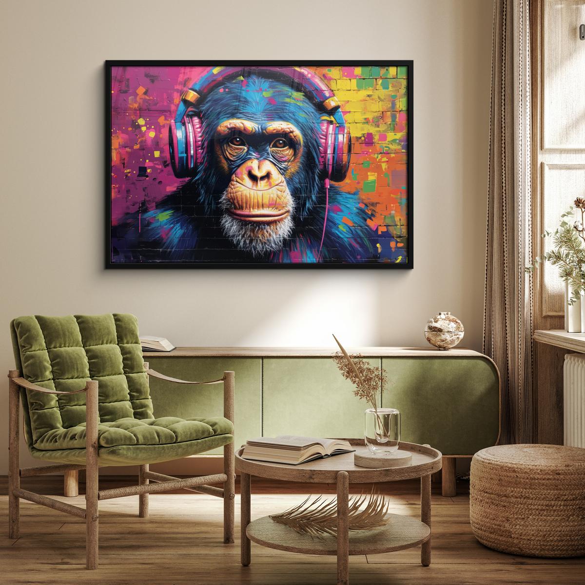 POSTER MIT RAHMENGERAHMTES BILD Graffiti - Schimpanse - Straßenkunst - Kopfhörer - Affe 120x80 cm - Blau, Papier (120/80cm) - MuchoWow