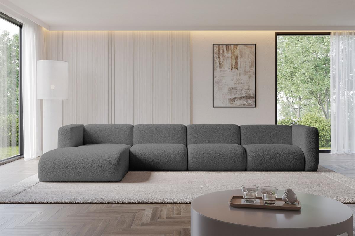 ECKSOFA Ottomane Links MIRA-L3 409x179x70 Grau Bouclé - Platinfarben/Schwarz, Holzwerkstoff/Kunststoff (409/179cm) - ALTDECOR