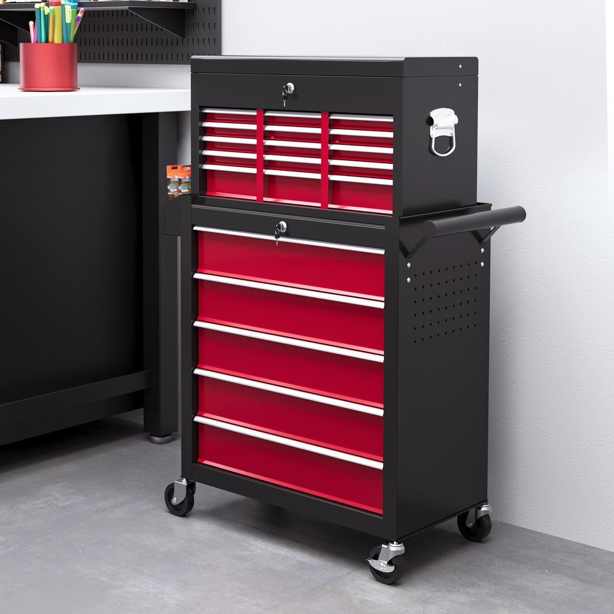 WERKSTATTWAGEN mit Rollen, mit 14 Schubladen, Rot - Rot, Metall (33/75/76cm) - HOMCOM