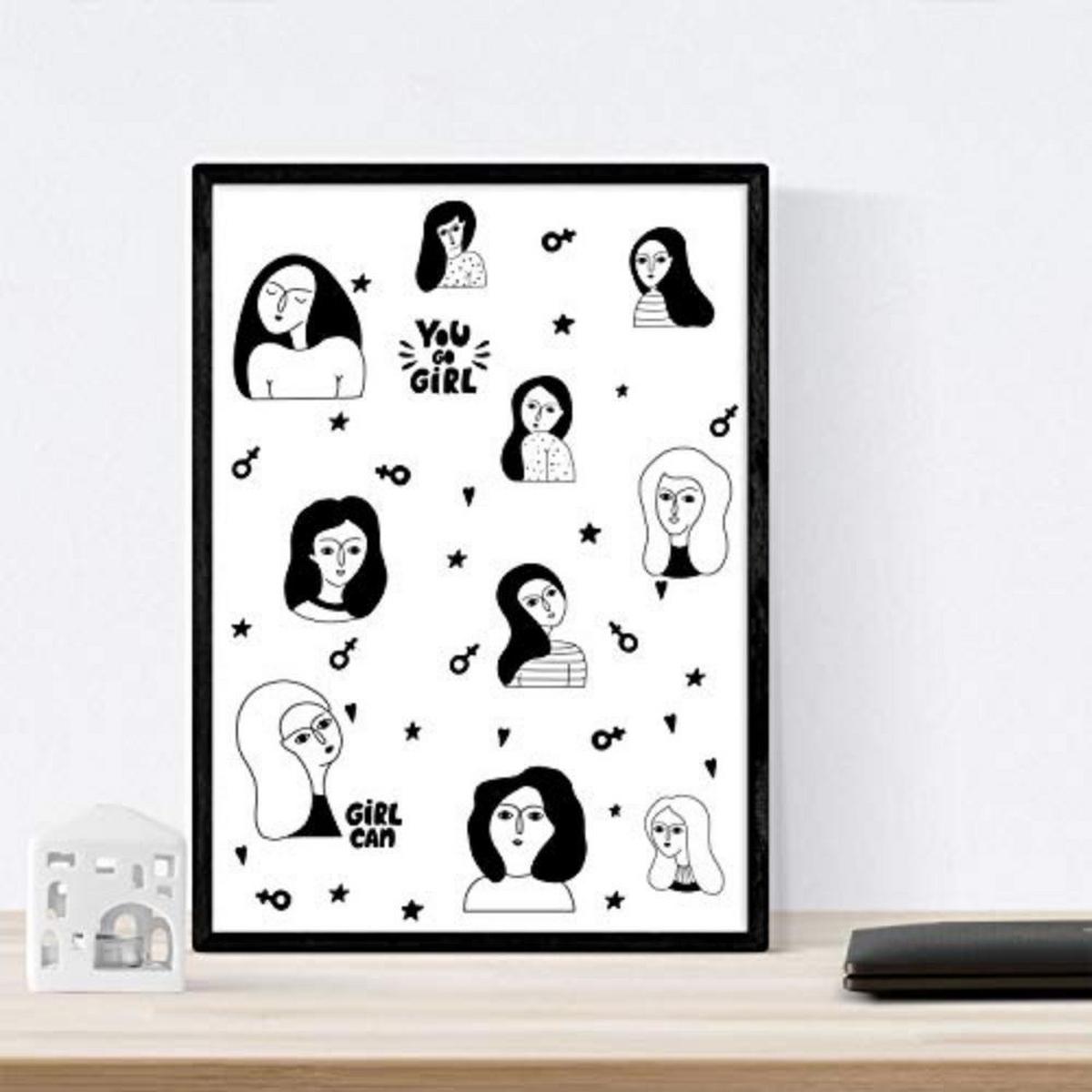 POSTER Set mit 4 Frauen, MädchenPower Zeichnungen von Frauen A3 Schwarzer Rahmen - Schwarz, Papier (29.7/3cm) - Nacnic