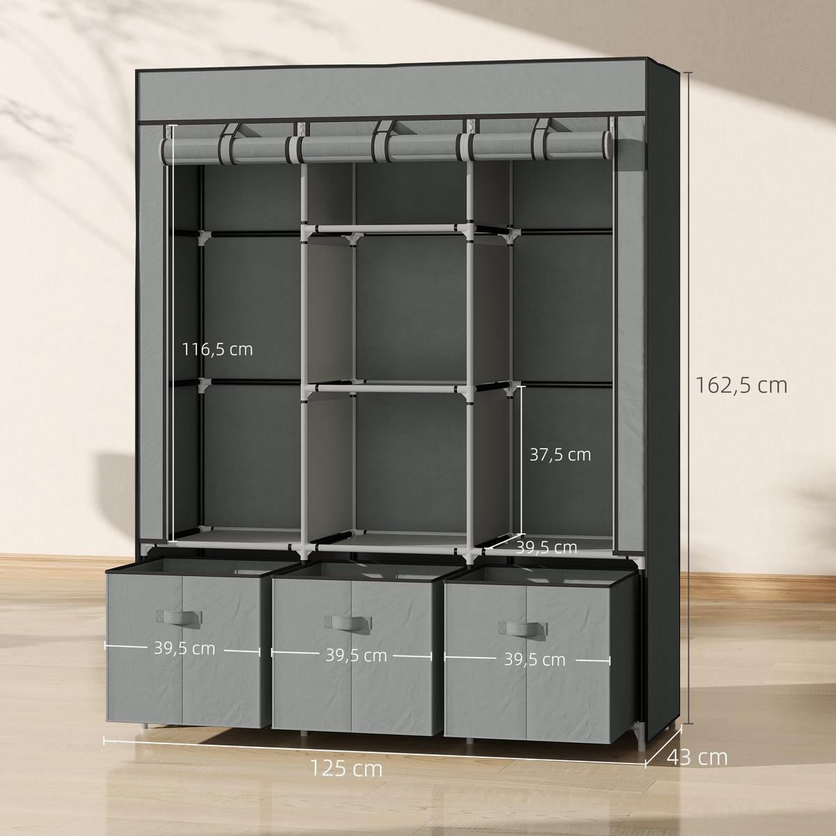 STOFFSCHRANK Stahl Vliesstoff Hellgrau - Hellgrau, Kunststoff (43/162.5/125cm) - HOMCOM