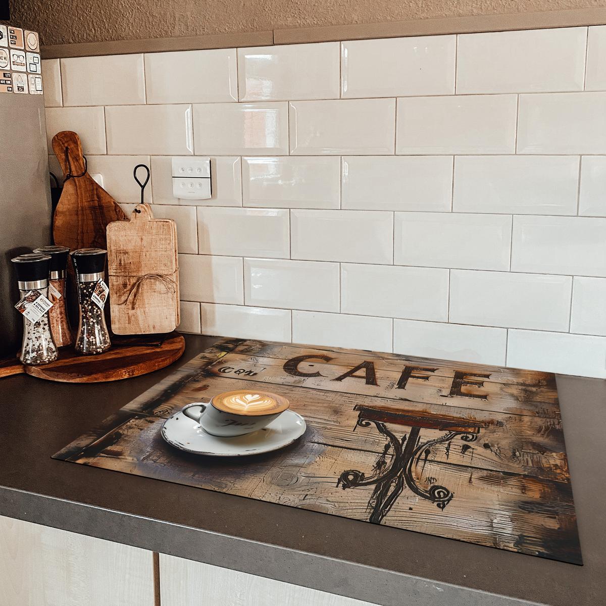 HERDABDECKPLATTE Cafe - Holz - Kaffee - Regale Herdabdeckung Induktionsfeld 70x52 cm - Schwarz, Kunststoff (70/52/0.2cm) - MuchoWow