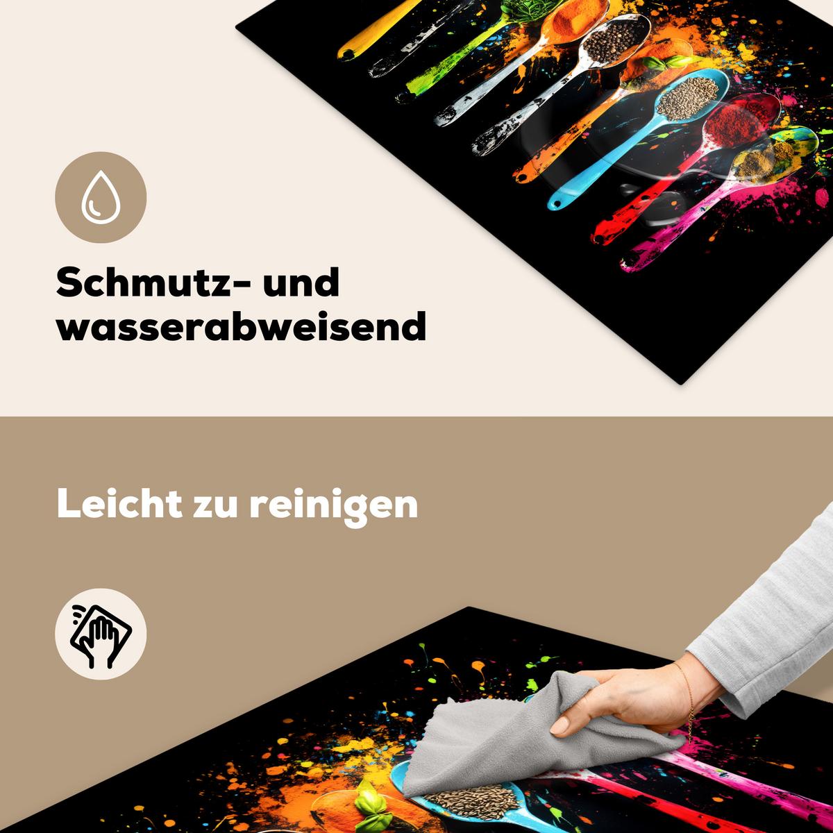 HERDABDECKPLATTE Löffel - Gewürze - Modern - Graffiti - Farbe - Farbenfroh Ceranfeldabdeckung 80x52 cm - Multicolor, Kunststoff (80/52/0.2cm) - MuchoWow