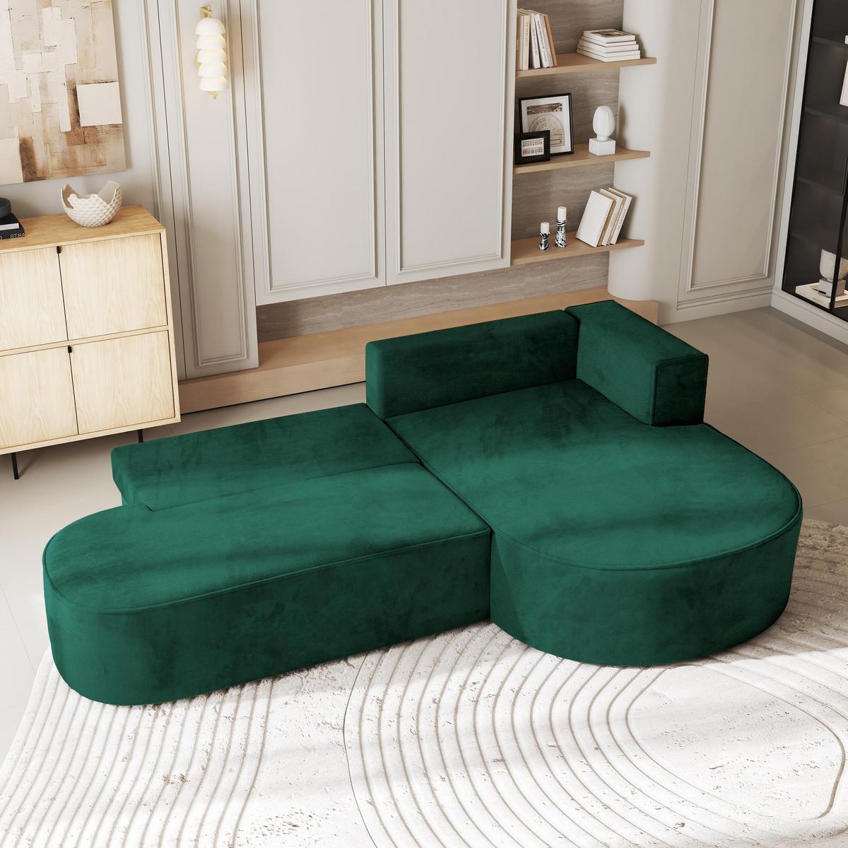 ECKSOFA CORTIO M R-S Grün Velours-Stoff mit Schlaffunktion - Grau/Grün, Holz/Kunststoff (265/174cm) - MASSENO