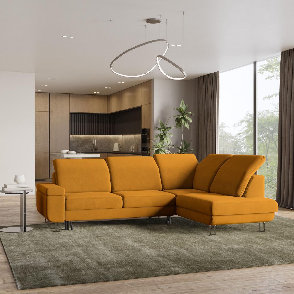 ECKSOFA LERMA R-S Gelb Velours-Stoff mit Schlaffunktion - Gelb/Silberfarben, Holz/Textil (253/190cm) - MASSENO