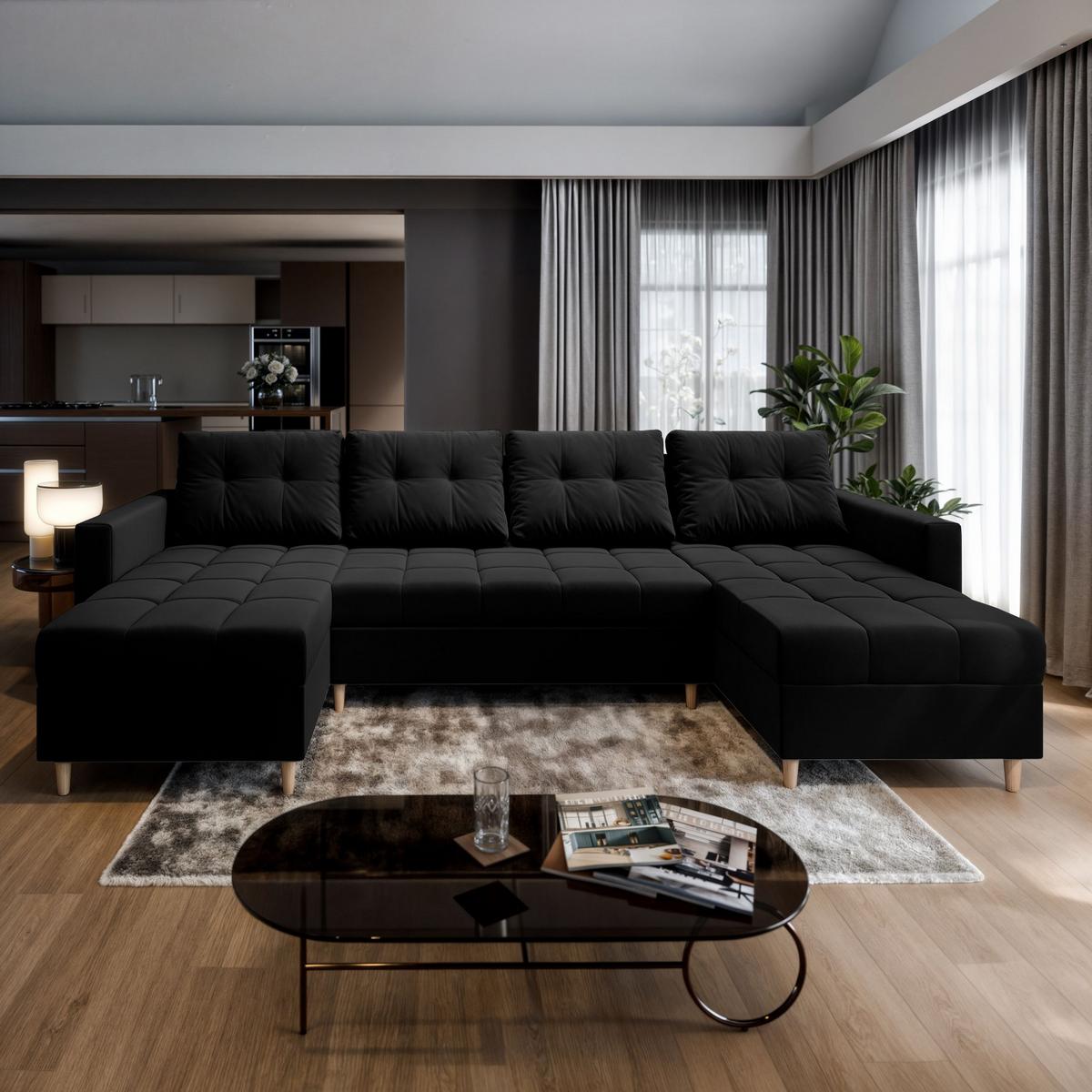 WOHNLANDSCHAFT MILO U Schwarz Plüsch-Stoff mit Schlaffunktion - Schwarz/Braun, Holz/Textil (285/91/140cm) - MASSENO