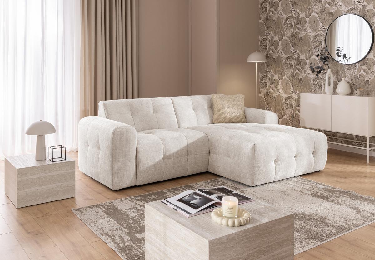 ECKSOFA mit Ottomane rechts, raffinierten Steppungen, Wellenunterfederung, B234/T161/H79 cm, Chenille-Bezug in Beige / 21035 - Beige/Schwarz, Kunststoff/Textil (234/79/161cm) - luma-home