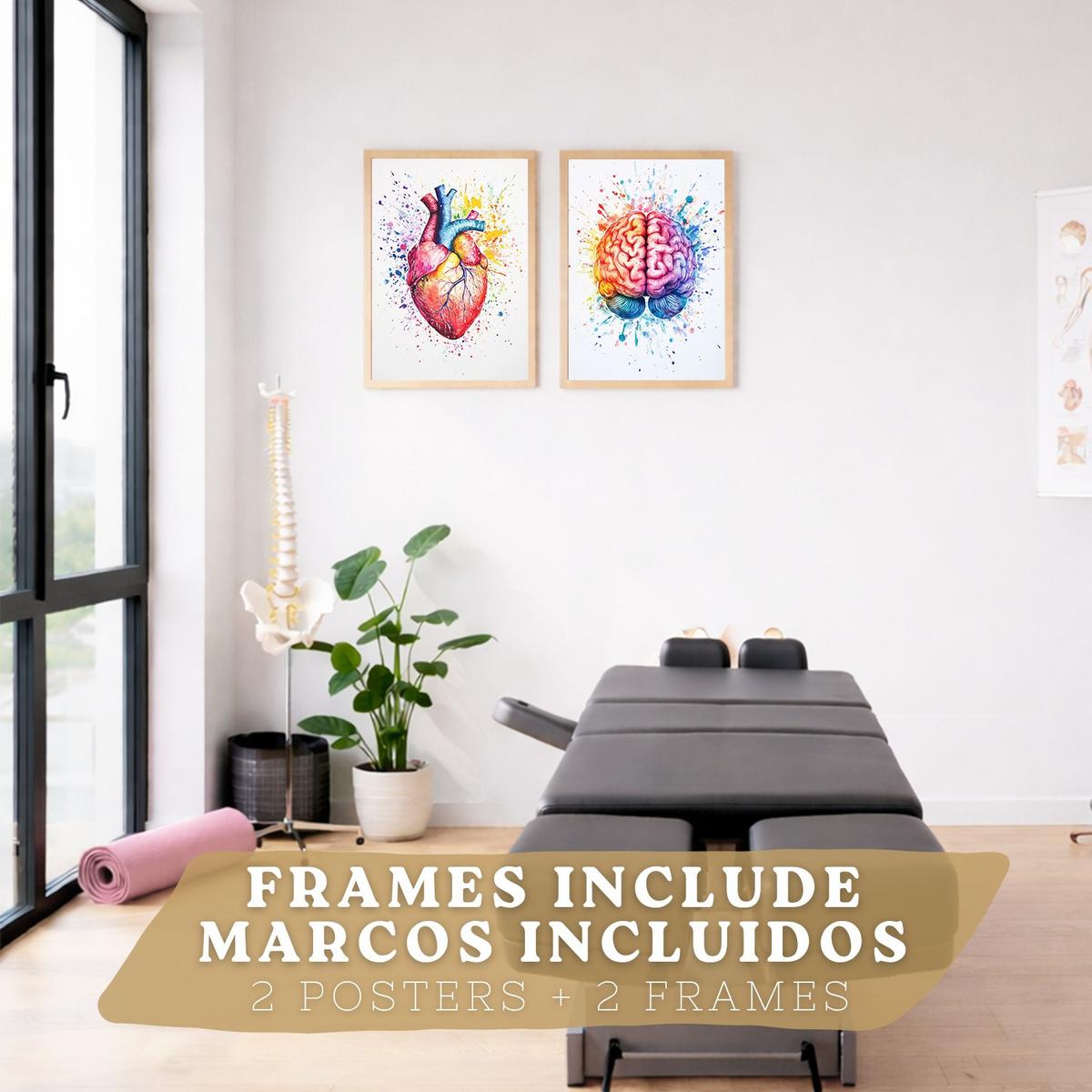 POSTER Set aus 2 Anatomie Drucke und Wandbilder mit Gehirn und Herz Künstlerische Mehrfarbig Aquarell Illustration Größe Leichter Holzrahmen A4 - Beige, Papier (21/29.7/3cm) - Nacnic