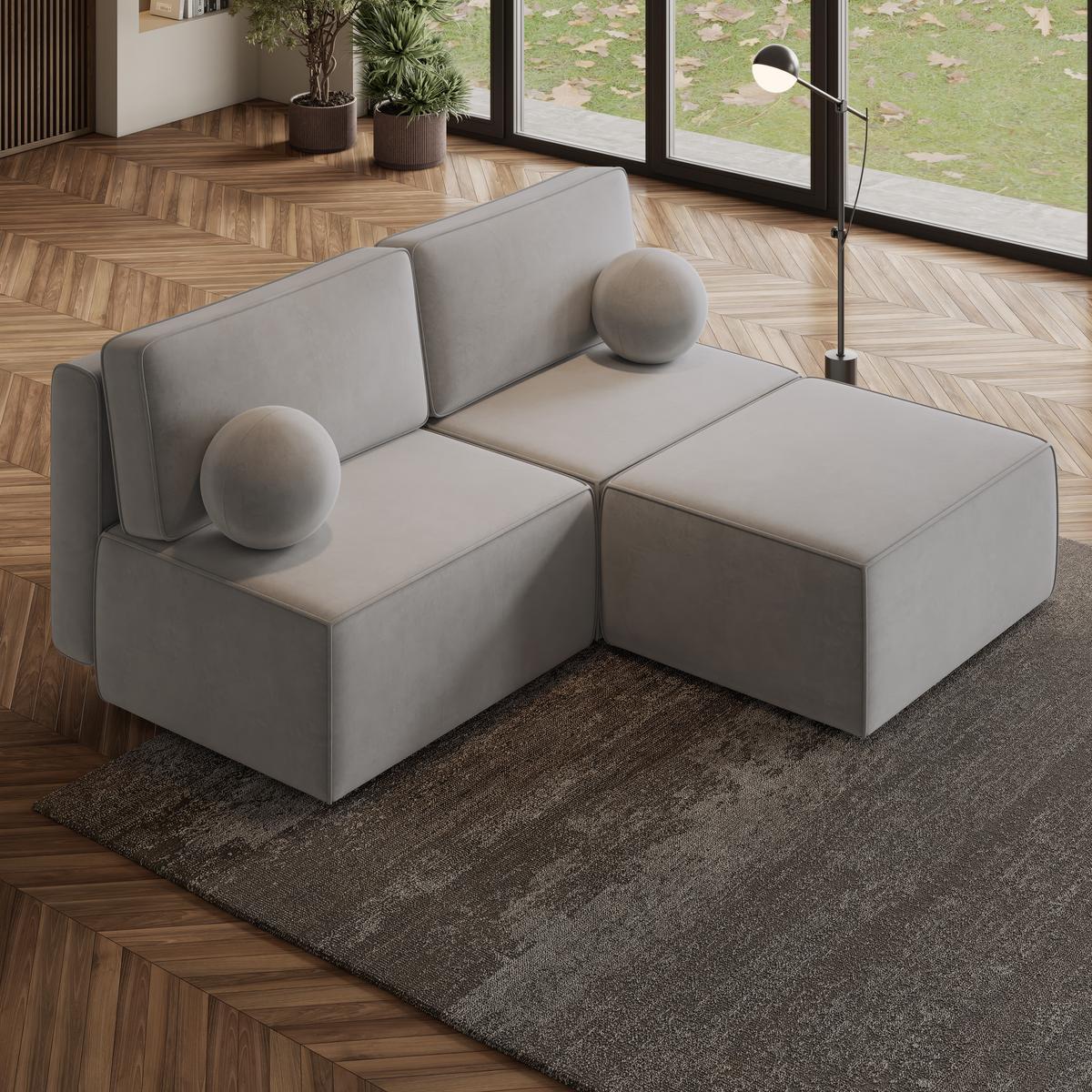 ECKSOFA VARNA M Hellgrau Velours-Stoff mit Schlaffunktion - Hellgrau/Grau, Holz/Kunststoff (196/158cm) - MASSENO