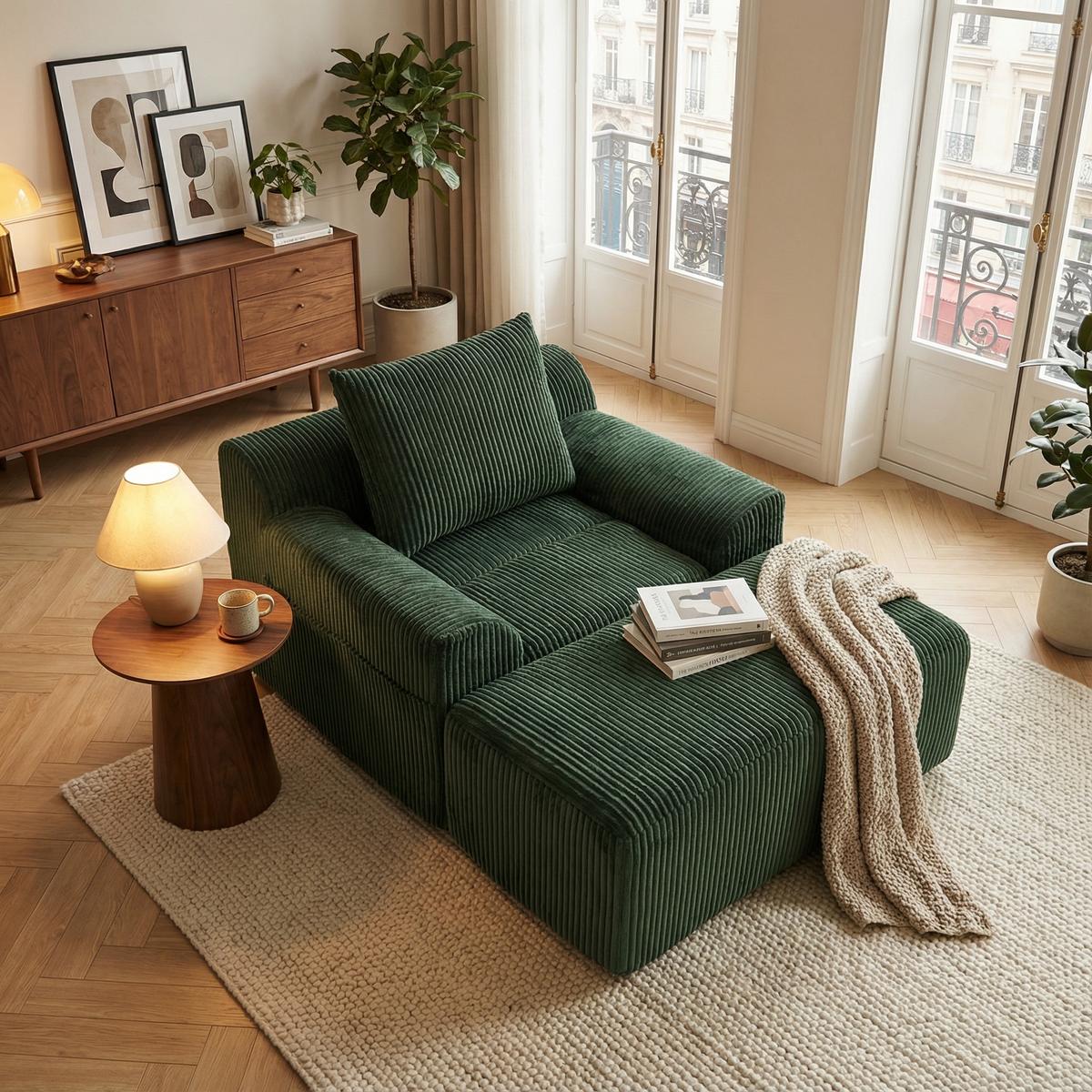 SESSEL mit Hocker in Cord Übergroßer Relaxsessel - Grün, Textil (110/67/147cm) - Urban Meuble