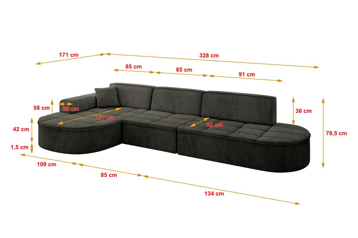 ECKSOFA Ottomane Links TARO-L2 - 328x171x79,5 cm Schwarz - Schwarz, Holzwerkstoff/Textil (328/171cm) - ALTDECOR