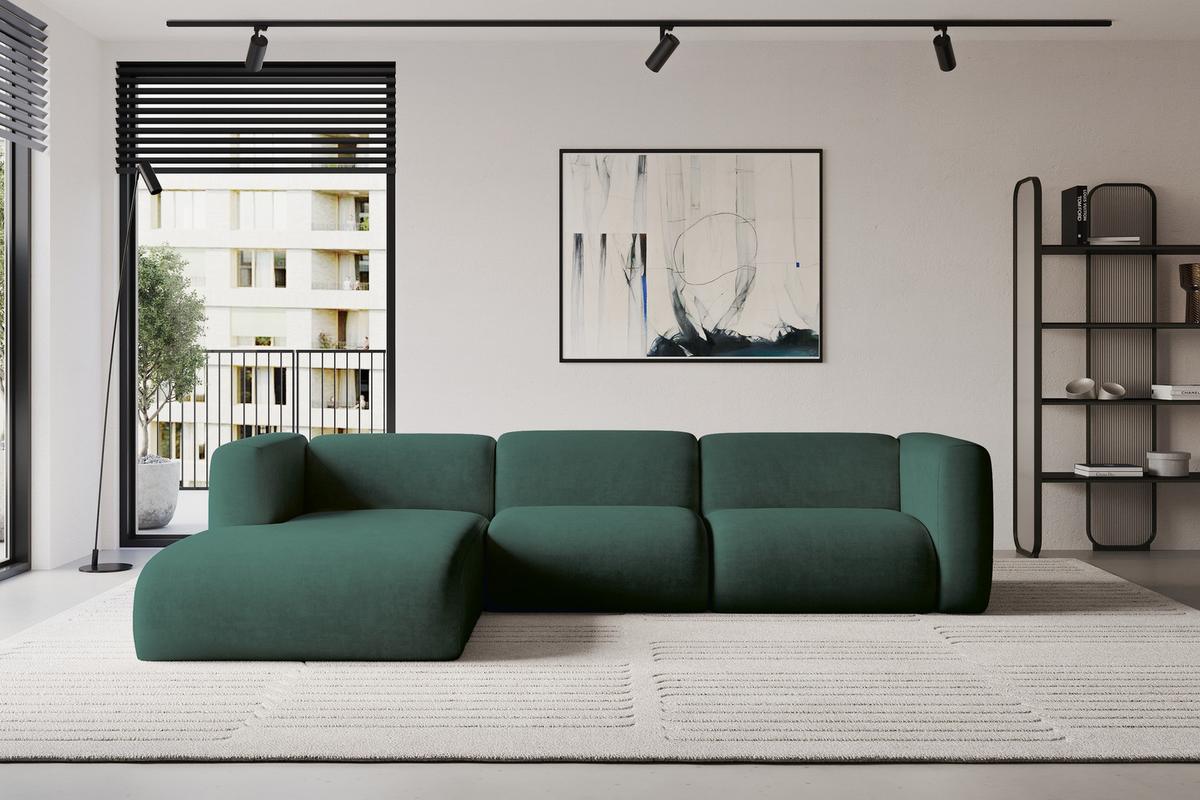 ECKSOFA Ottomane Links MIRA-L2 318x179x89 Grün Velours - Dunkelgrün/Schwarz, Holzwerkstoff/Kunststoff (318/179cm) - ALTDECOR