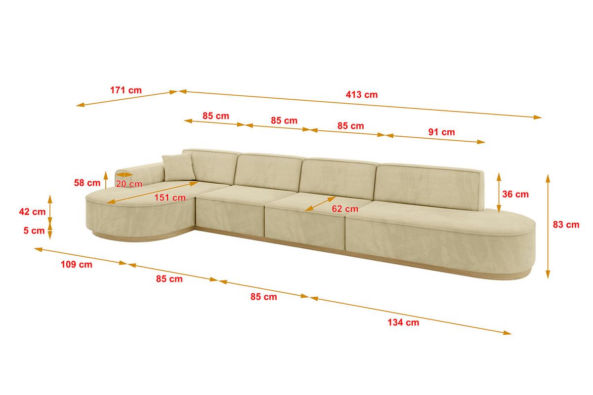 ECKSOFA Ottomane Links MARI-L3-v2 - 413x171x83 cm Beige Velours - Beige, Holzwerkstoff/Textil (413/171cm) - ALTDECOR