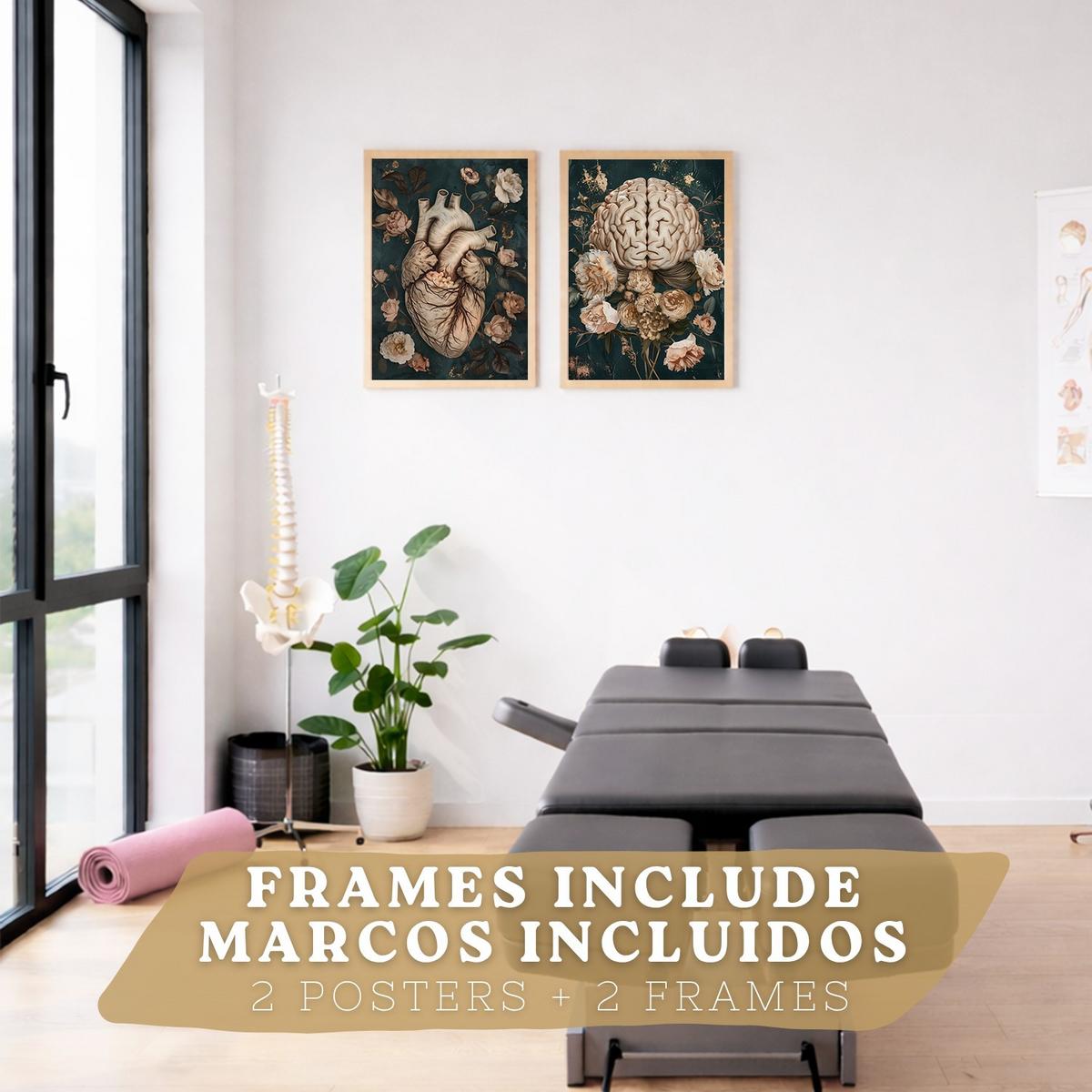 POSTER Set aus 2 Anatomie Mensch Drucke und mit Herz und Gehirn Elegante Florale Illustration Grüner Hintergrund Größe Leichter Holzrahmen A3 - Beige, Papier (29.7/42/3cm) - Nacnic