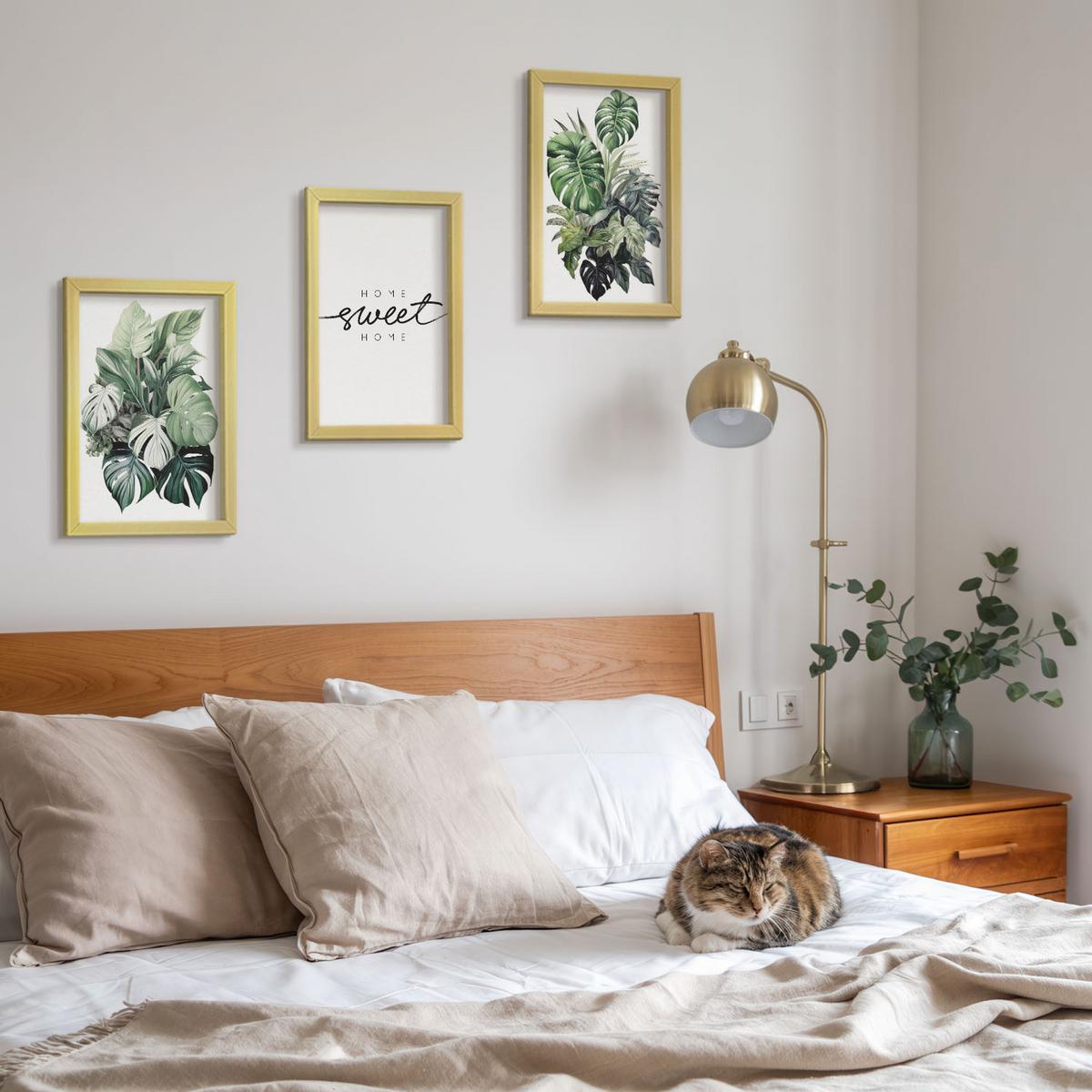 BILDER SET 3er Set - 20x30 cm Goldrahmen - Pflanzen mit der Aufschrift „Sweet Home“ - Goldfarben, Kunststoff (20/30cm) - TULUP