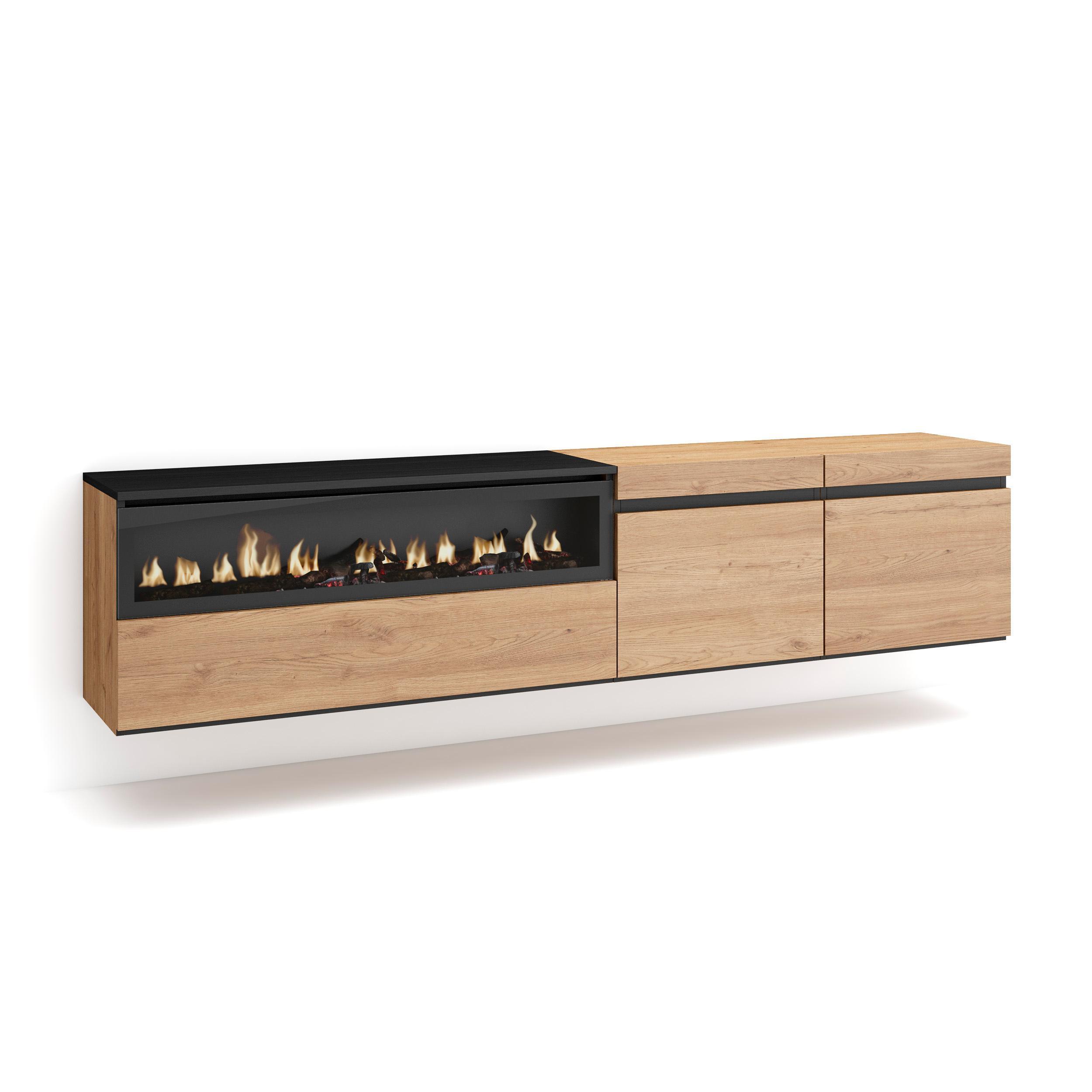 LOWBOARD mit Elektrokamin, Hängend, Eiche, Schwarz, 200/35/45cm - Eichefarben, Holzwerkstoff (200/45/35cm) - Skraut Home