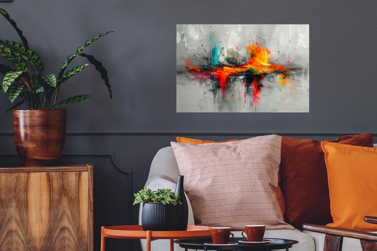 WANDTATTOO Moderne Kunst - Orange - Grau - Abstrakt Deko Wohnzimmer 60x40 cm - Hellgrau, Kunststoff (60/40/0.1cm) - MuchoWow