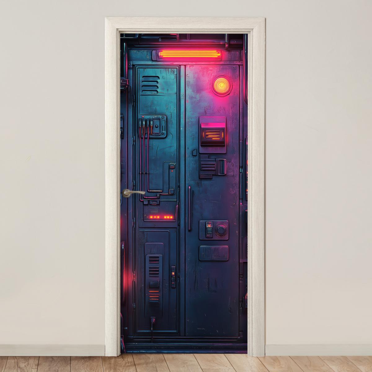 TÜRAUFKLEBER Tür - Futuristisch - Blau - Rosa - Neon Deko Wohnzimmer 95x235 cm - Türtapete - Anthrazit, Kunststoff (95/0.1cm) - MuchoWow