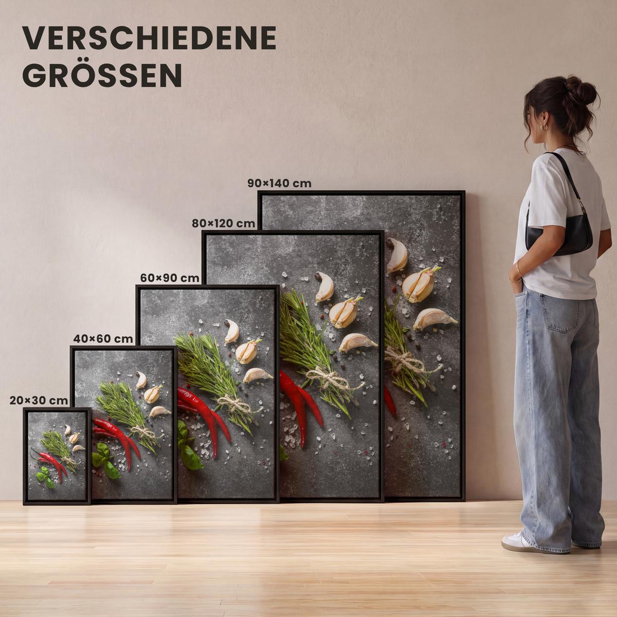 LEINWAND Bilder mit Rahmen - Pfeffer - Kräuter - Gewürze - Beton - 80x120 - Dunkelgrau, Textil (80/120cm) - MuchoWow