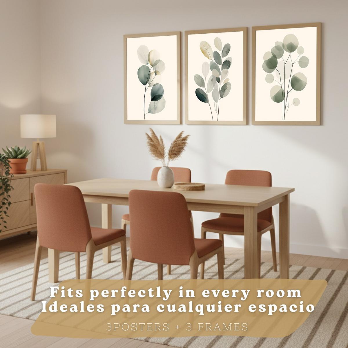 POSTER 3er Bilder-Set Wandbilder Pflanzen Minimalistisch modern Wohnzimmer Deko, Schlafzimmer, Küche, Badezimmer Leichter Holzrahmen A4 - Beige, Papier (29.7/1/21cm) - Nacnic