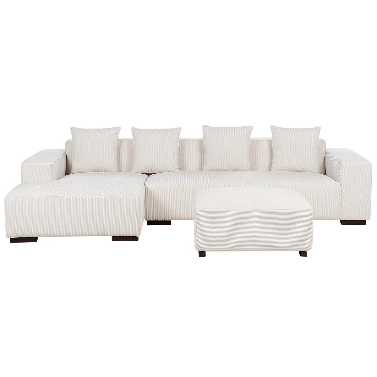 ECKSOFA 4-Sitzer Cord Cremeweiß mit Ottomane rechtsseitig Lungo - Creme/Weiß, Textil (285/160cm) - Beliani