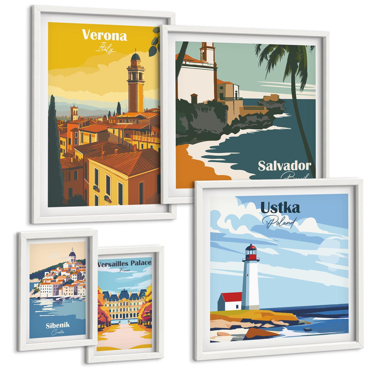 BILDER SET 5er Set - 50x50 cm & 20x30 cm & 40x60 cm Weißer Rahmen - Europäische Städte in farbigen Illustrationen - Weiß, Kunststoff (40/60cm) - TULUP