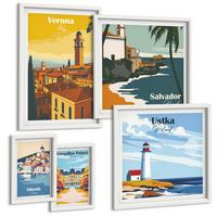 BILDER SET 5er Set - 50x50 cm & 20x30 cm & 40x60 cm Weißer Rahmen - Europäische Städte in farbigen Illustrationen - Weiß, Kunststoff (40/60cm) - TULUP