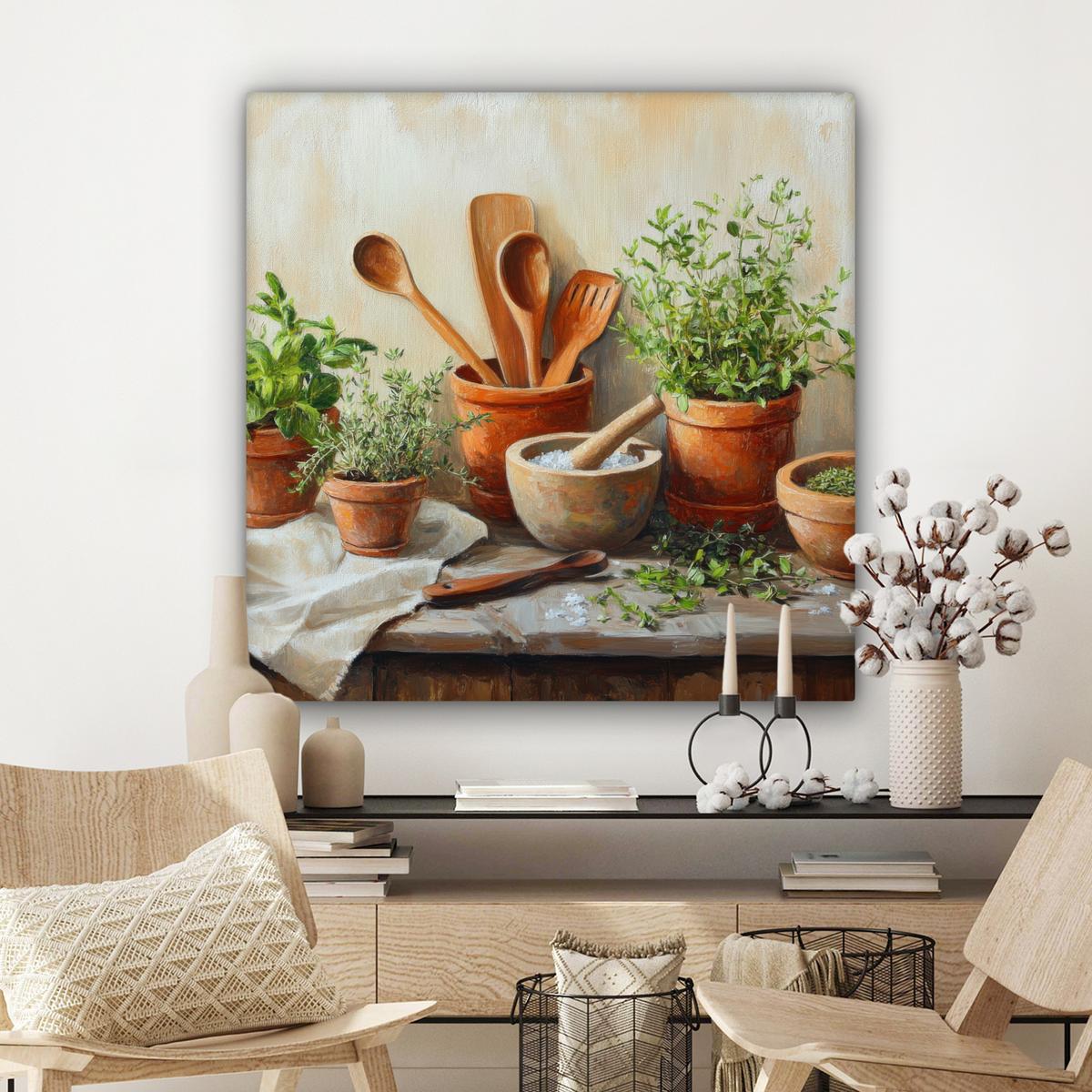 LEINWANDBILD Töpfe - Kräuter - Holz Deko Groß 90x90 cm - Terracotta, Textil (90/90cm) - MuchoWow
