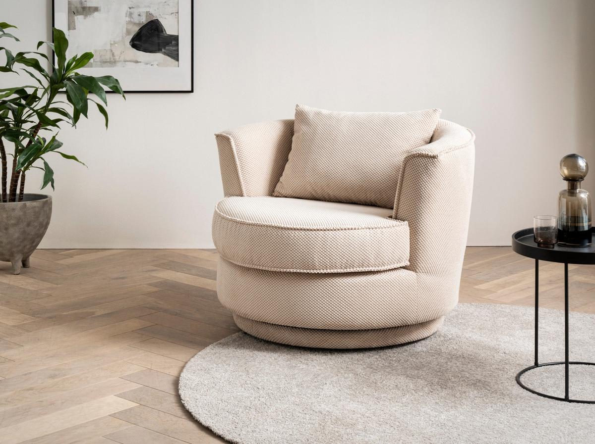 DREHSESSEL wollweiß Web-Velours, Sessel 360° drehbar inklusive Kissen - Creme/Weiß, Kunststoff/Textil (95/77/95cm)