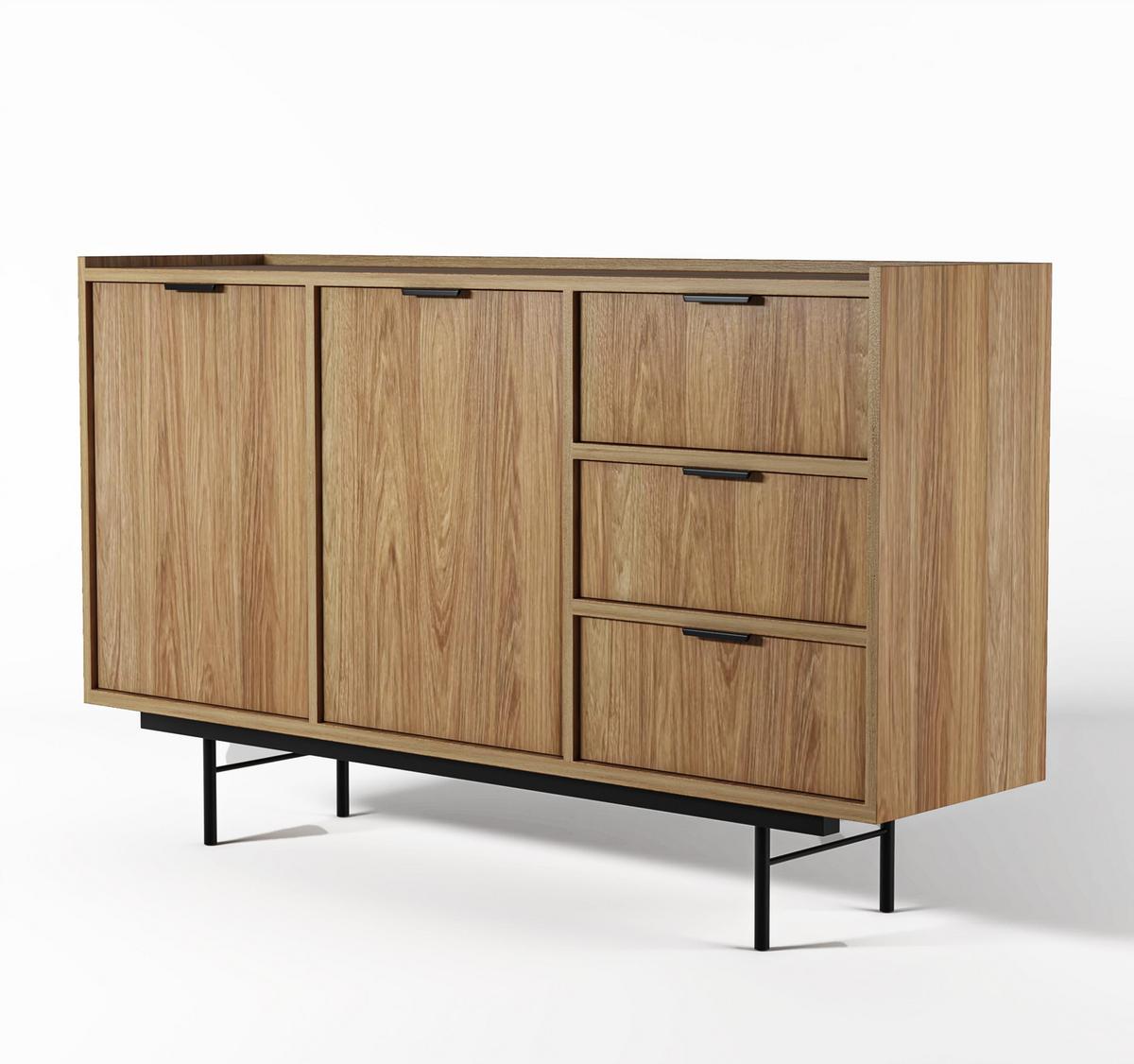 SIDEBOARD Nordiva 2T 3S Hikora Natur 150/90/40 cm – Metallgestell - Schwarz/Naturfarben, Holzwerkstoff/Metall (150/91/40cm) - AX Living