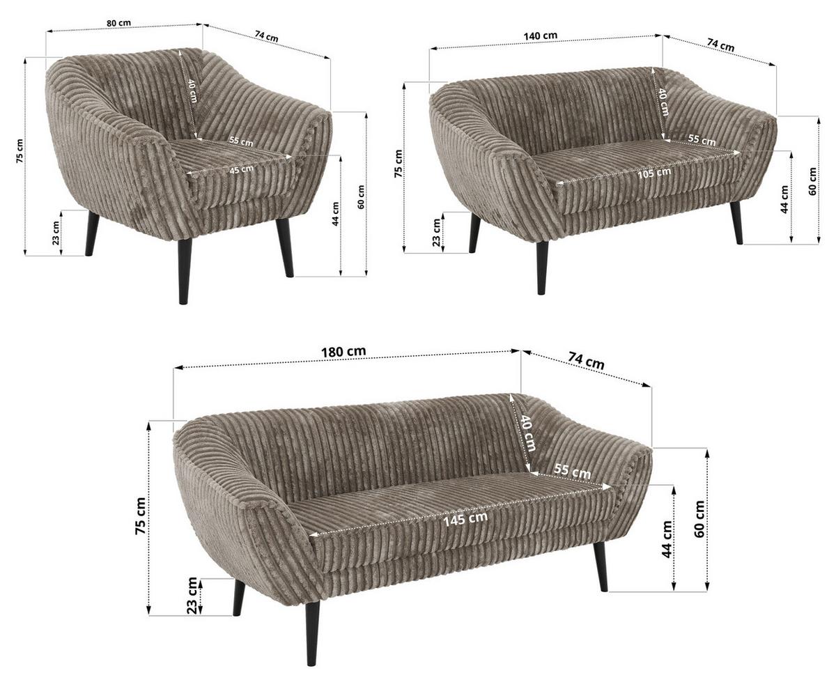 SITZGARNITUR PIRS 3+2+1 - Hellbraun Cord - Schwarze Beine - Hellbraun/Schwarz, Holzwerkstoff/Textil (180/75/74cm) - MKS