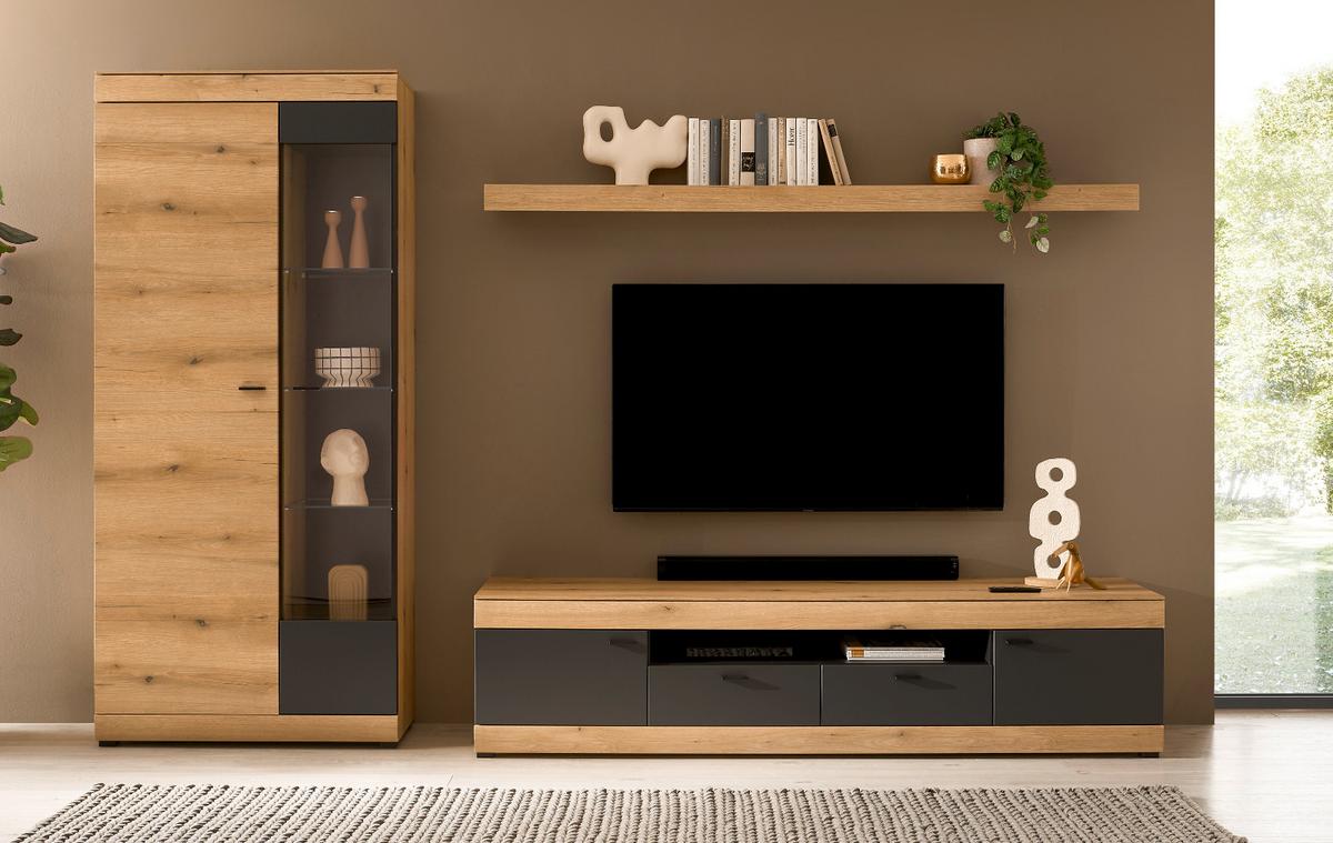 VITRINE in Eiche, grau 90 x 201 cm, Vitrinenschrank mit Soft-Close - Eichefarben/Schwarz, Glas/Holzwerkstoff (90/201/35cm) - Furn.Design