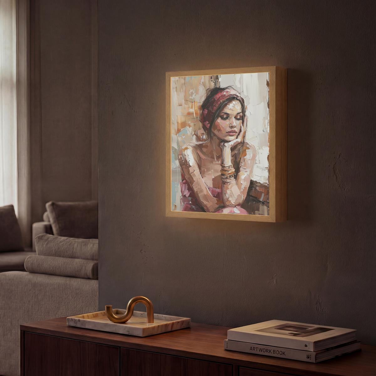 WANDLEUCHTE MIT AKKU Frau - Lackierung - Porträt - Modern 30x40 cm - Braun, Holzwerkstoff (30/40/8cm) - OnlyWow