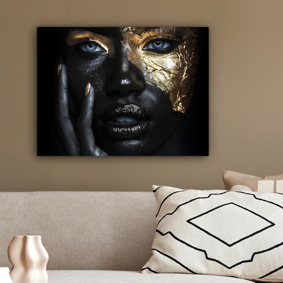 LEINWANDBILD Frau - Gold - Porträt - Schwarz-Weiß - Luxus Wandbild 40x30 cm - Hellblau, Textil (40/30cm) - MuchoWow