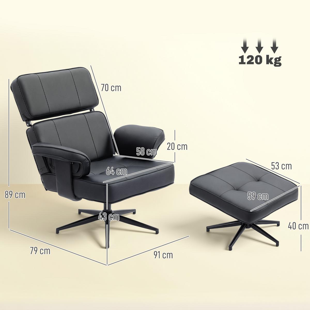 RELAXSESSEL mit Hocker Verstellbare Kopfstütze Liegefunktion Kunstleder Schwarz - Schwarz, Textil/Metall (79/89/91cm) - HOMCOM