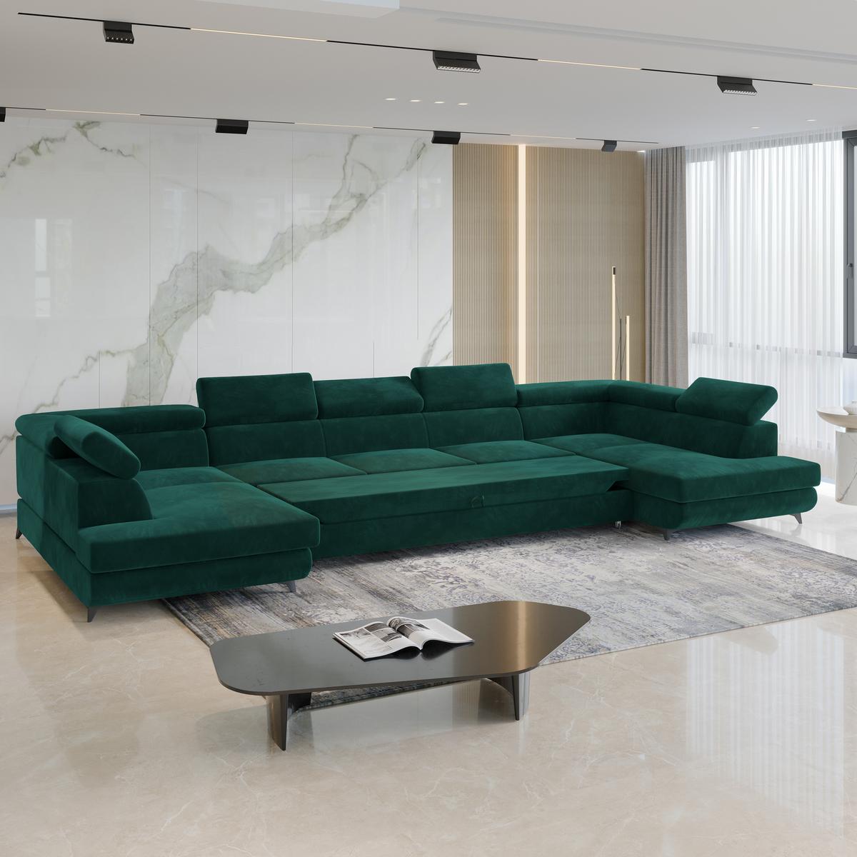 WOHNLANDSCHAFT URMANO Grün Velours-Stoff mit Schlaffunktion - Grün, Holz (395/89/190cm) - MASSENO