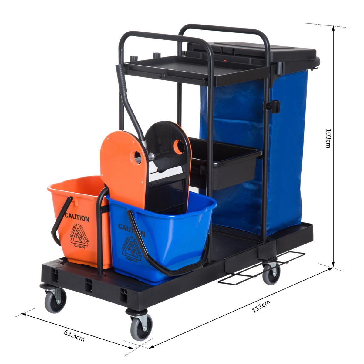 HOMCOM Reinigungstrolley – 4 leichtgängige Räder, Schwarz/Blau/Orange, 111 x 63,3 x 103 cm - Schwarz, Kunststoff/Metall (63.3/103/111cm) - HOMCOM