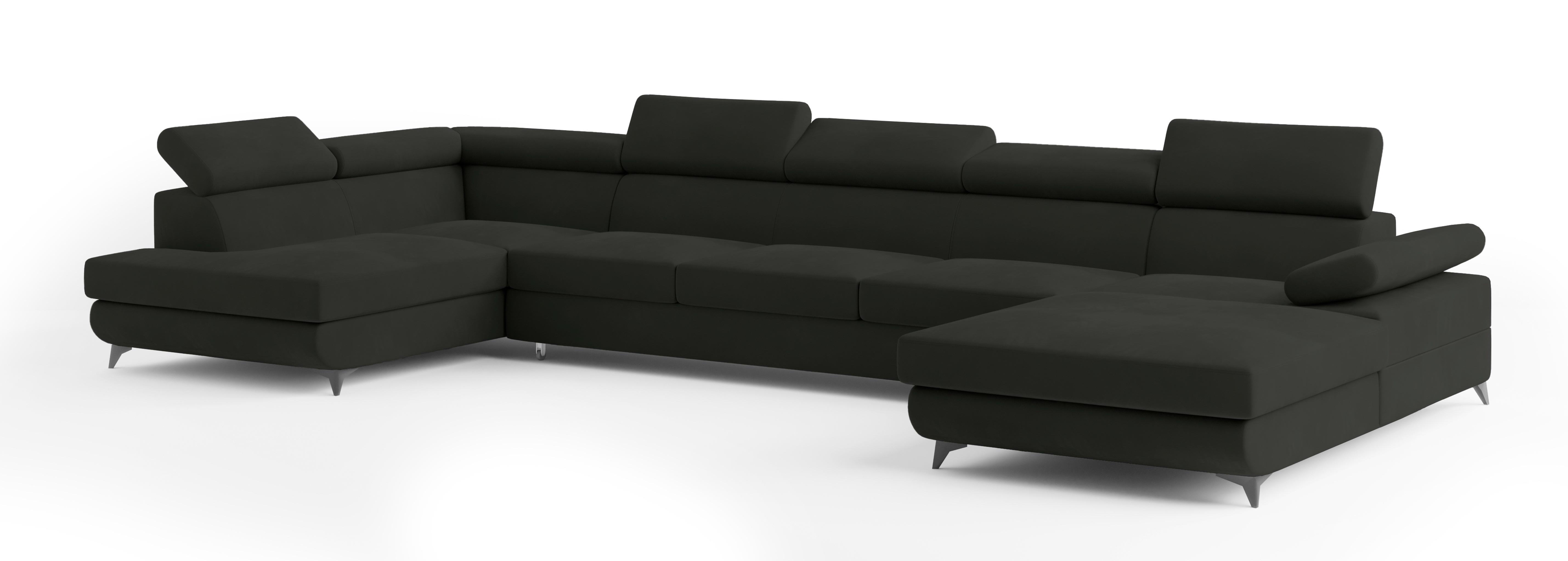 WOHNLANDSCHAFT MONTIVA Schwarz Velours-Stoff mit Schlaffunktion - Schwarz, Holz (410/89/190cm) - MASSENO