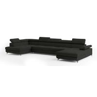 WOHNLANDSCHAFT MONTIVA Schwarz Velours-Stoff mit Schlaffunktion - Schwarz, Holz (410/89/190cm) - MASSENO