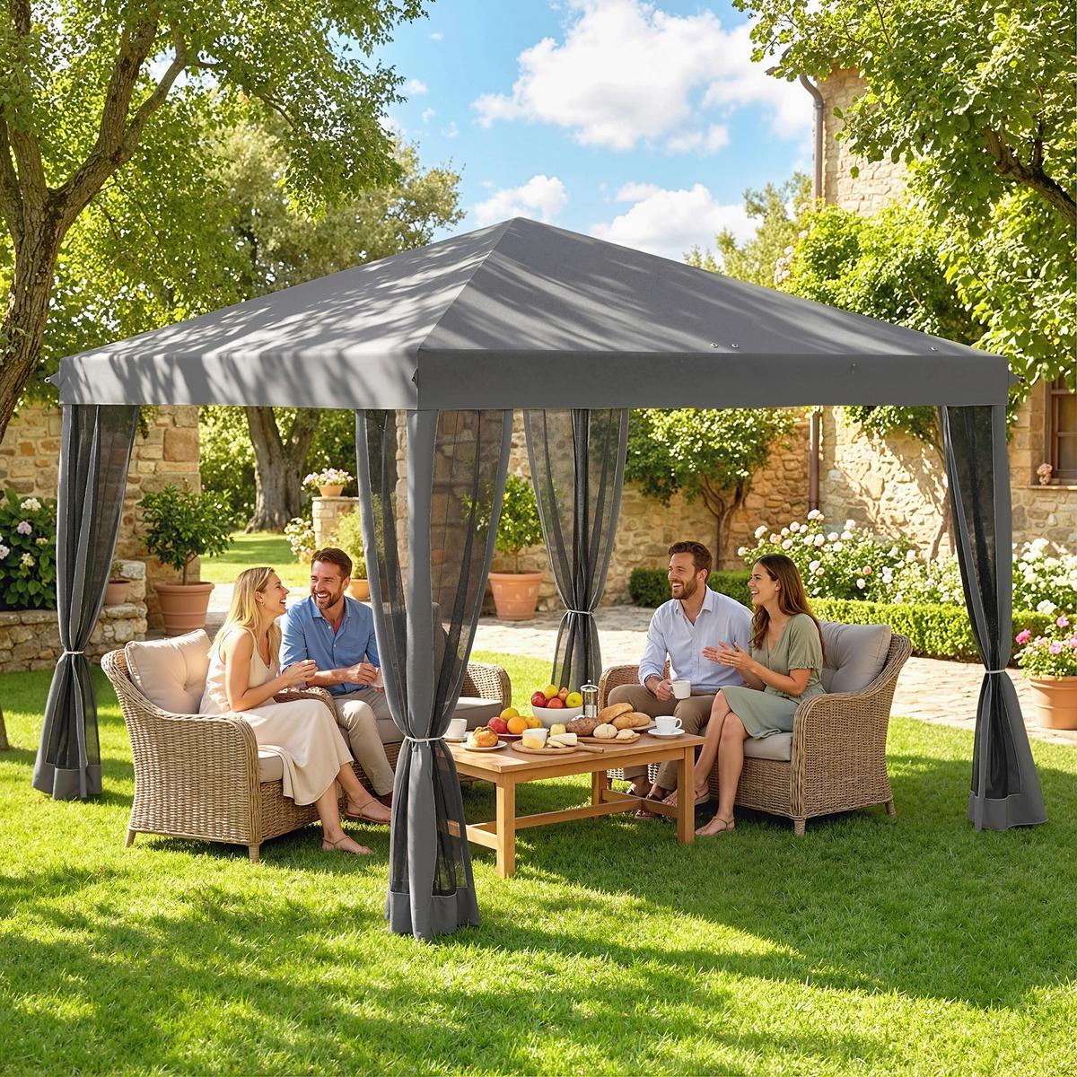 FALTPAVILLON, Cremeweiß, Metall, Oxford-Stoff, Moskitonetz - Hellgrau, Metall (295/260/295cm) - Outsunny
